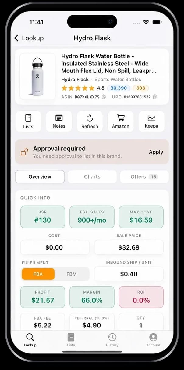 UPC Metrics iPhone app showing a live Hydro Flask lookup — profit, ROI, BSR, fees and gating.