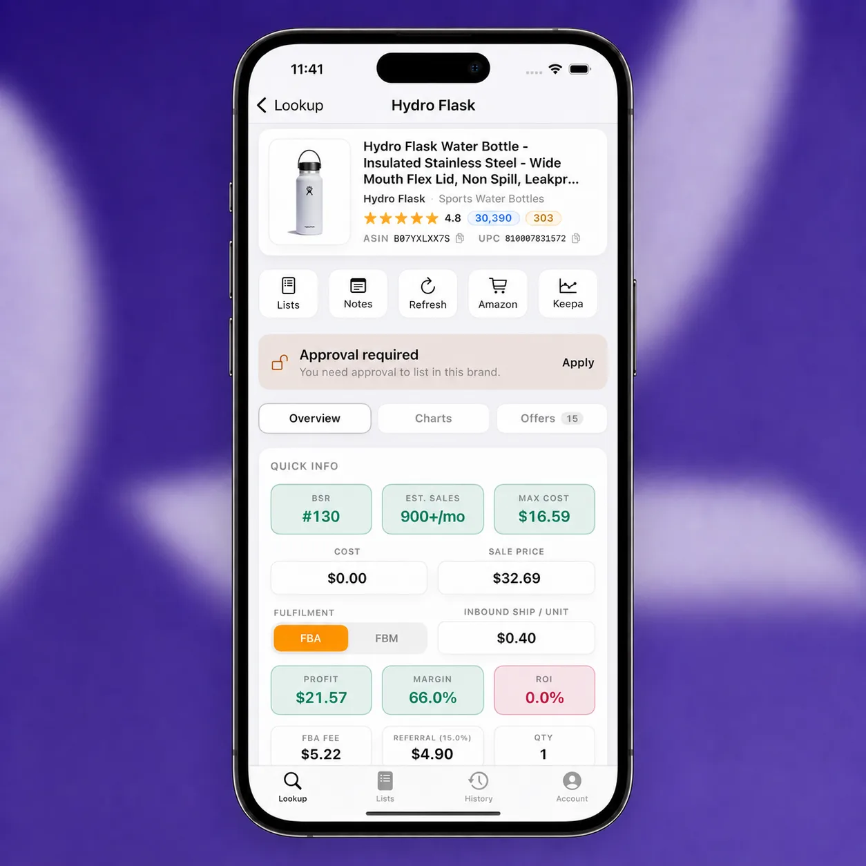 UPC Metrics iPhone app showing a live Hydro Flask lookup — profit, ROI, BSR, fees and gating